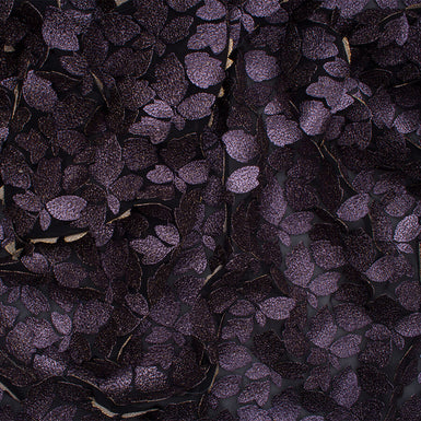 Dark Purple Metallic Leaf Allover Embroidered Fabric