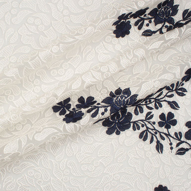 Navy Blue Embroidered Ivory Tulle