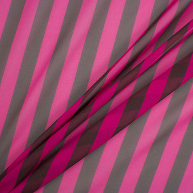 Fuchsia Pink & Black Wide Striped Silk Georgette