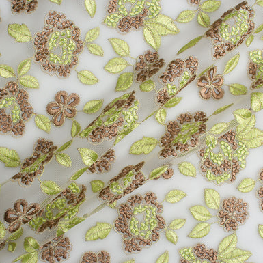 Green & Brown Floral Embroidered Tulle