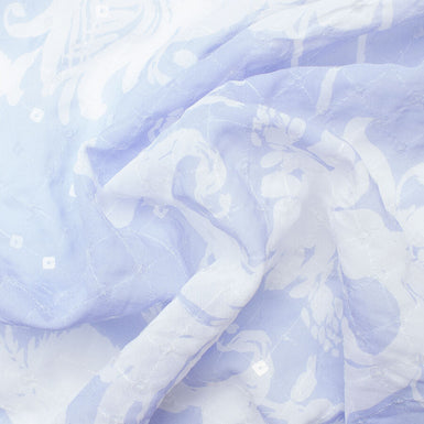 White Floral Sequinned Blue Silk Chiffon