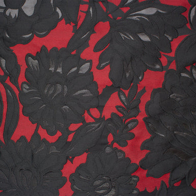 Black Floral on Dark Red Metallic Brocade