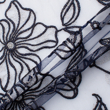 Dark Blue Floral Embroidered Tulle