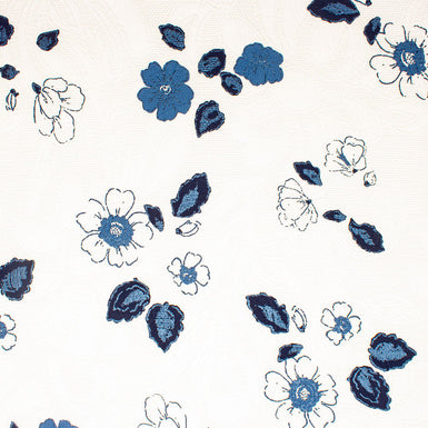 Blue Floral Printed Microfibre Piqué Fabric