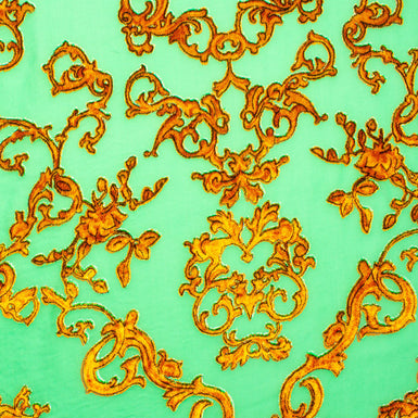 Mint Green Gold Filigree Printed Devoré Velvet
