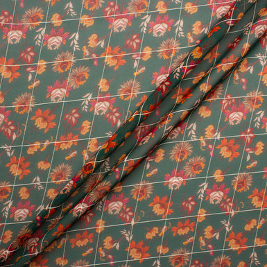 Soft Red & Orange Floral Printed Green Pure Silk Georgette