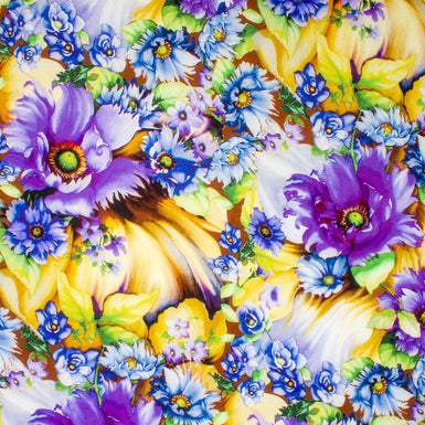 Striking Blue & Purple Floral Silk Crêpe de Chine Fabric