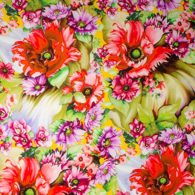 Pink & Red Floral Printed Yellow Silk Crêpe de Chine Fabric