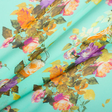 Multi Coloured Floral on Turquoise Printed Silk Georgette