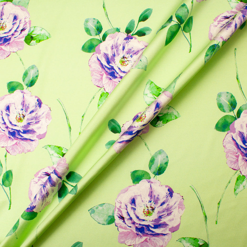Purple Floral Printed Mint Green Silk Silk Satin