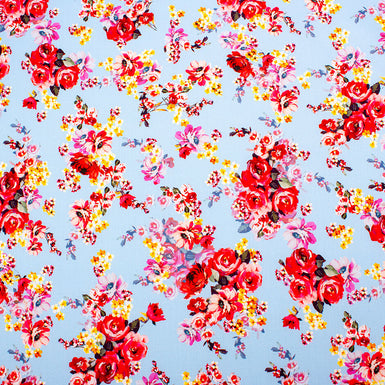 Red, Yellow & Pink Pansy Floral Printed Blue Cotton