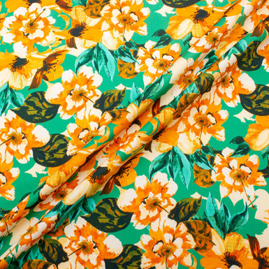 Orange Floral Printed Green Cotton (A 1.95m Piece)