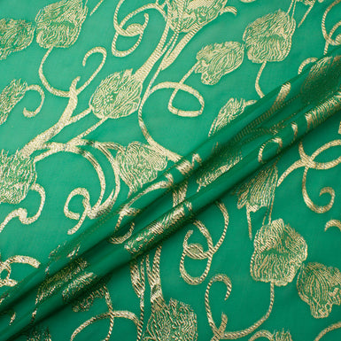 Gold Floral Metallic Emerald Green Silk Chiffon Jacquard