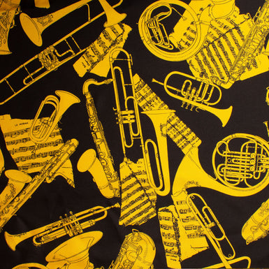 Yellow Musical Instruments Printed Black Silk Twill
