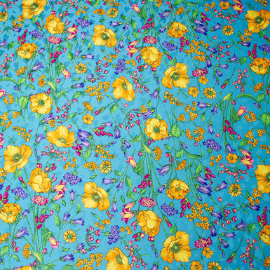 Yellow Poppy Printed Deep Sky Blue Silk Jacquard