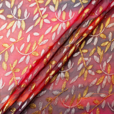 Gold & Silver Metallic Leaf Red Silk Chiffon