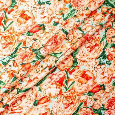 Orange Peony Floral Printed Silk Jacquard (A 2m Piece)