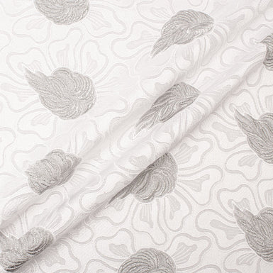 Silver Metallic Leaf Embroidered White Cotton