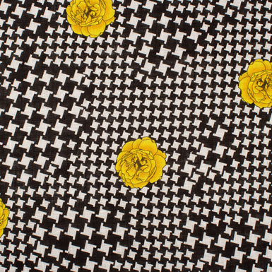 Yellow Floral Black & White Dogtooth Linen (A 2.40m Piece)