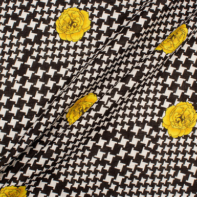 Yellow Floral Black & White Dogtooth Linen (A 2.40m Piece)