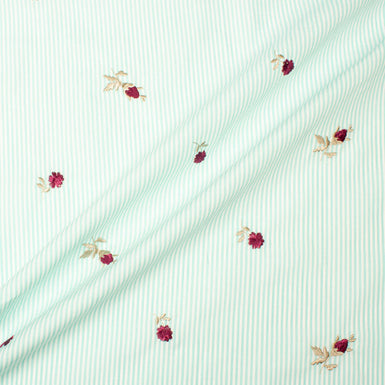 Red Floral Embroidered Mint Green & White Striped Cotton