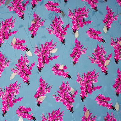 Fuchsia Pink Floral Printed Dusty Blue Silk Jacquard