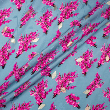 Fuchsia Pink Floral Printed Dusty Blue Silk Jacquard