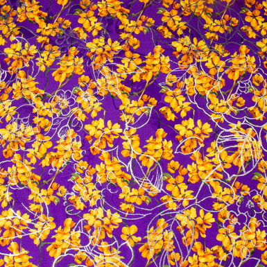 Pretty Orange Floral Printed Purple Silk Metallic Jacquard