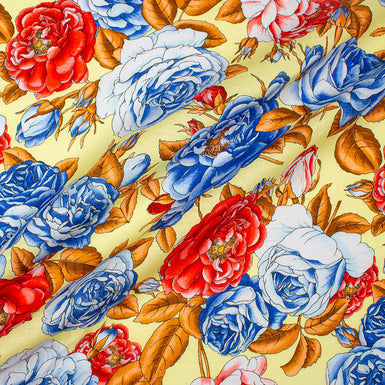 Red & Blue Rose Floral Printed Yellow Linen