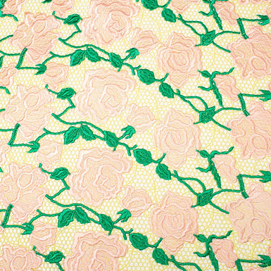 Pink Rose Embroidered Soft Yellow Guipure Lace