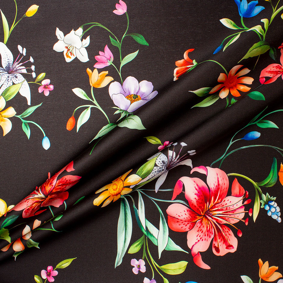 Floral Printed Black Silk Blend Mikado | Shop Mikado Fabric Floral Printed Black Silk Blend Mikado | Shop Mikado Fabric
