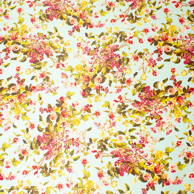 Pink & Yellow Rose Printed Aqua Silk Grosgrain Faille