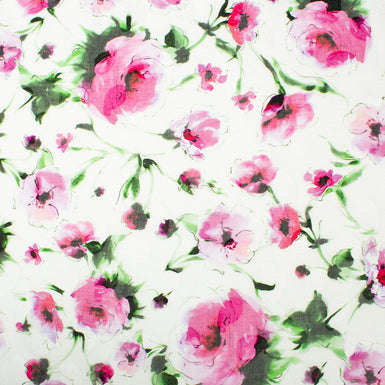 Fuchsia Pink Floral Printed White Cotton Voile Jacquard (A 1.85m Piece)