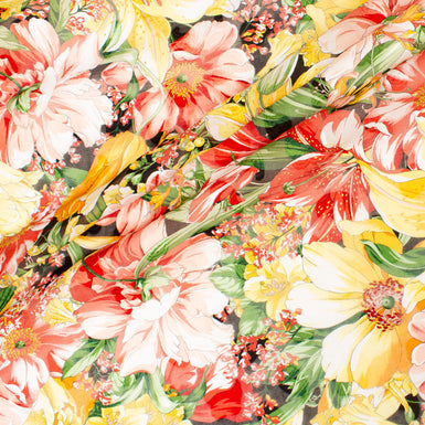 Bold Multi-Coloured Floral Printed Cotton Voile With Jacquard