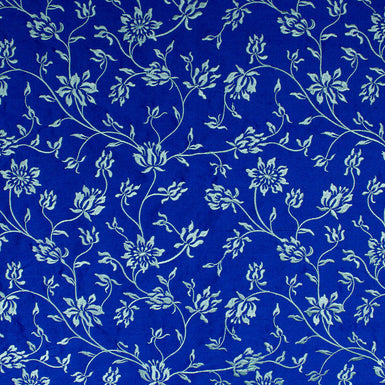 Mint Floral Embroidered Royal Blue Silk Shantung