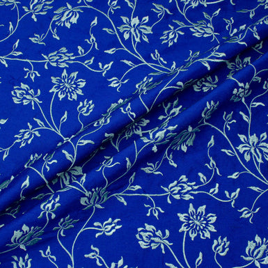 Mint Floral Embroidered Royal Blue Silk Shantung