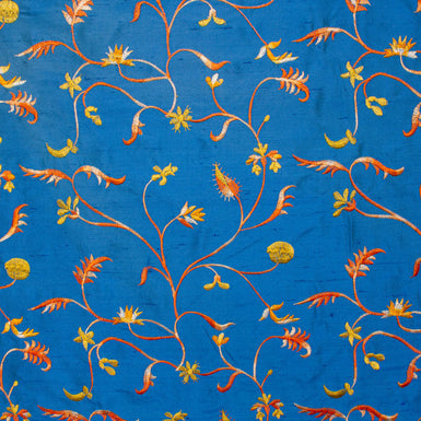 Birds of Paradise Embroidered Blue Silk Shantung