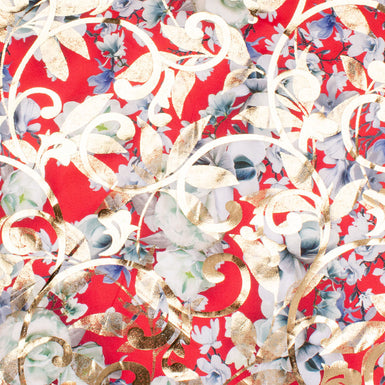 Floral Printed Bright Red & Gold Laminated Cotton