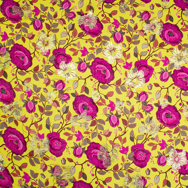 Magenta Floral Printed Canary Yellow Metallic Silk Georgette