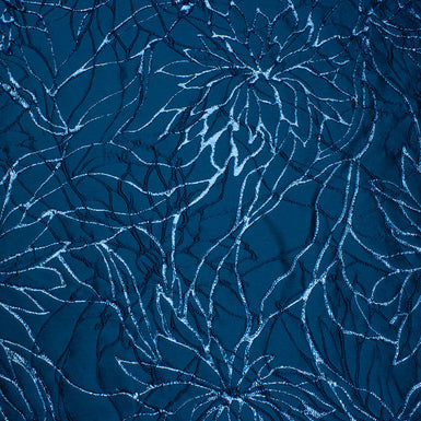 French Blue Metallic Floral Abstract Cloqué