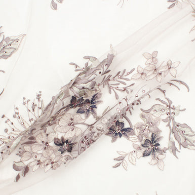 Muted Plum & Ivory Floral Embroidered Tulle with Stones