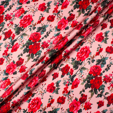 Red Floral Printed Candy Pink Double Silk Satin Crêpe