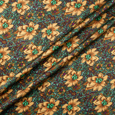 Bold Beige Floral Printed Turquoise Double Silk Satin Crêpe (A 2.15m Piece)