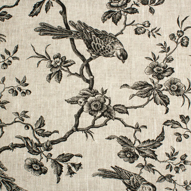 Black Bird & Floral Printed Oatmeal Linen