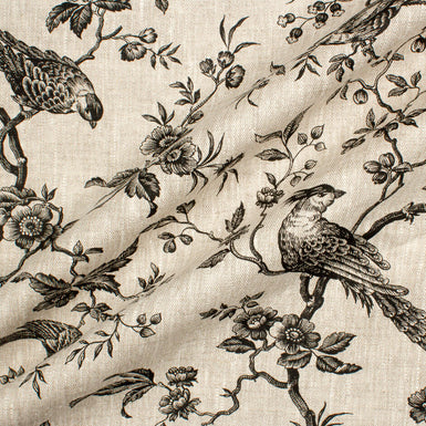 Black Bird & Floral Printed Oatmeal Linen