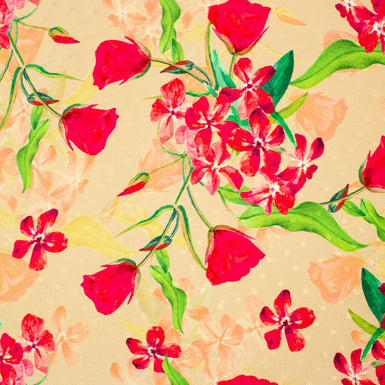 Red Floral Printed Peach Silk Spot Jacquard (A 2.40m Piece)