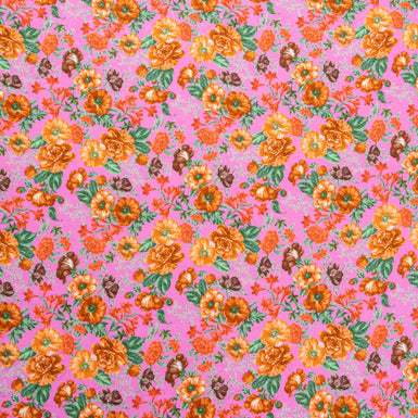 Deep Orange Floral Printed Pink Pure Silk Jacquard