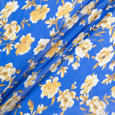 Ivory & Yellow Floral Printed Royal Blue Silk Chiffon