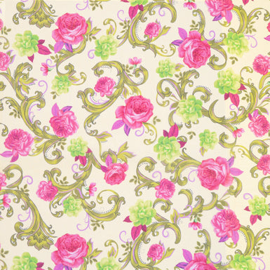 Lime & Pink Rose Floral Printed Yellow Silk Georgette