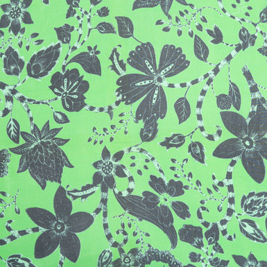 Black Floral Printed Green Pure Silk Georgette